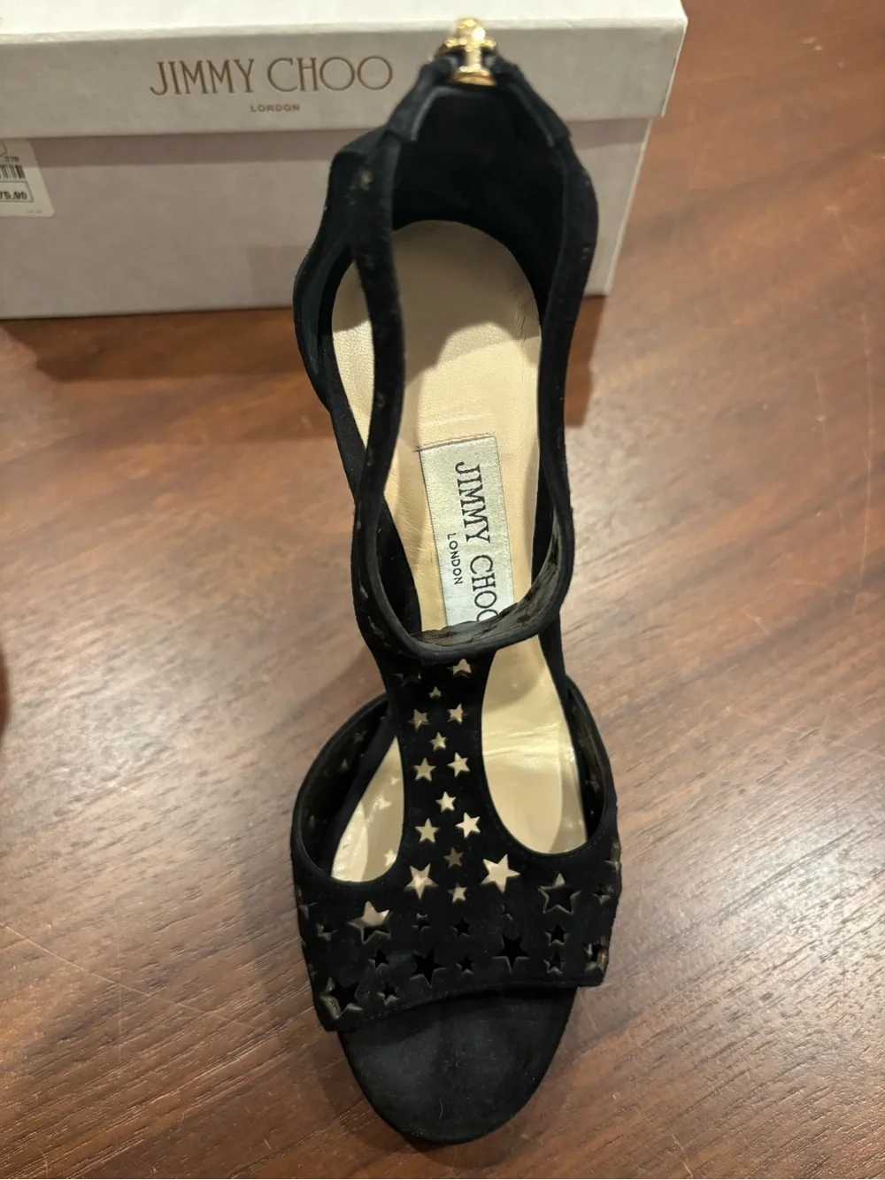 Jimmy Choo Black Star Cutout T-Strap High Heel Sandals